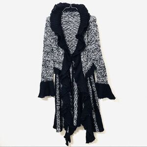 Sioni Petite Black and White Long Bell Sleeve Ruffle Cardigan Sweater Anthro